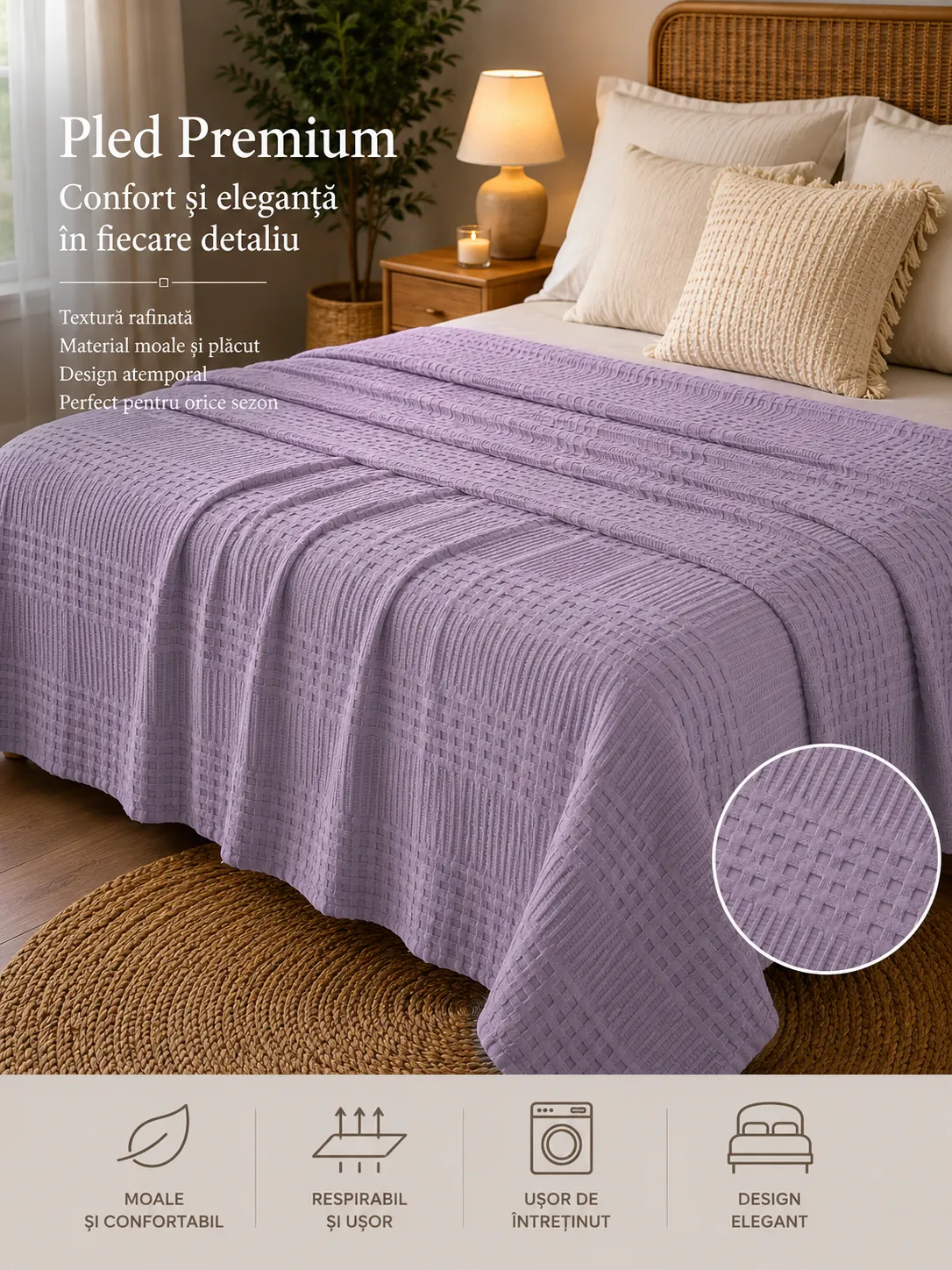 Cuverturi - Pled Waffles 100%bumbac (Mov) - Marime: 220X240cm