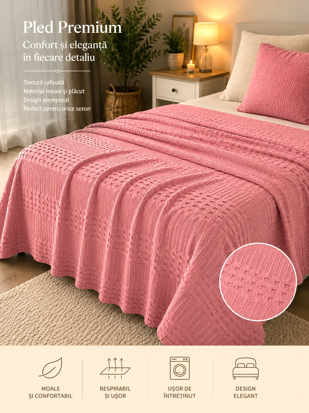 Cuverturi - Pled Waffles 100%bumbac (Roz) - Marime: 220X240cm