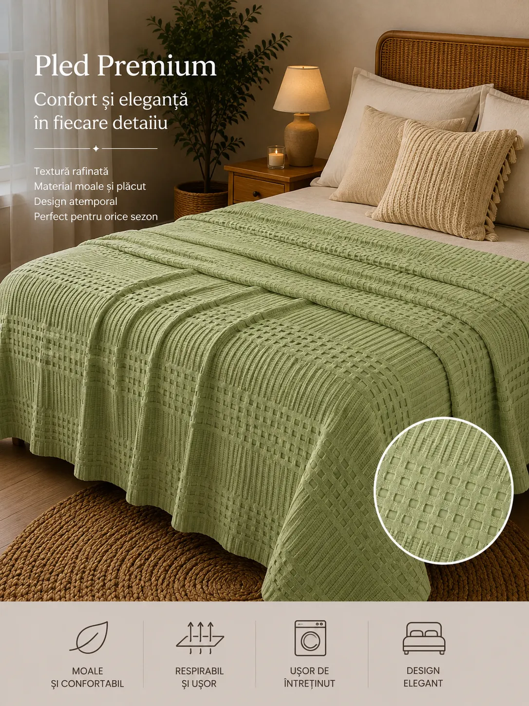 Cuverturi - Pled Waffles 100%bumbac (Verde) - Marime: 220X240cm