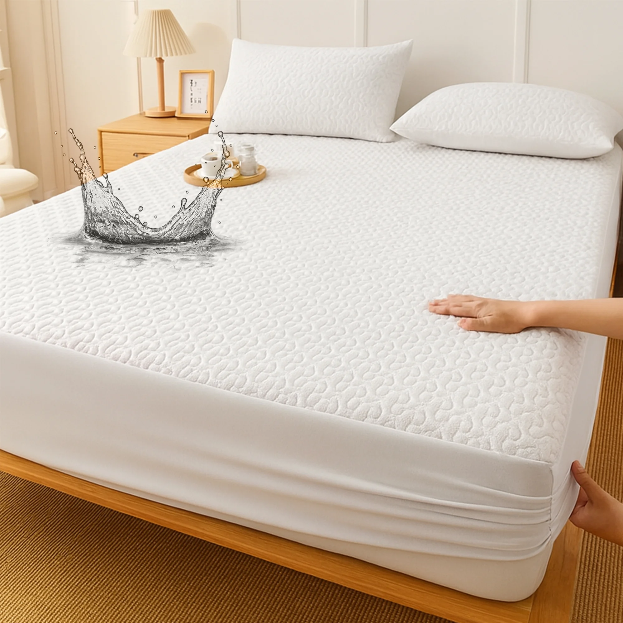 Huse și protecții de pat - Protectie pat matlasata impermeabila (inaltime saltea 26cm) cu doua fete de perna (50cm x 70cm) - Marime: 90cm x 200cm