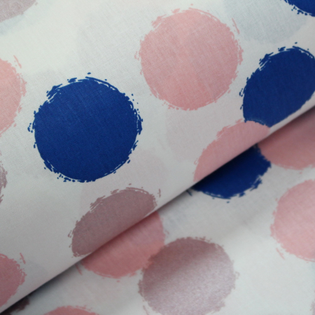 Materiale textile - Ranforce alb cu buline albastre/roz/roz praf