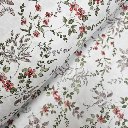 Bumbac ranforce imprimat - Ranforce alb cu flori de camp rosii