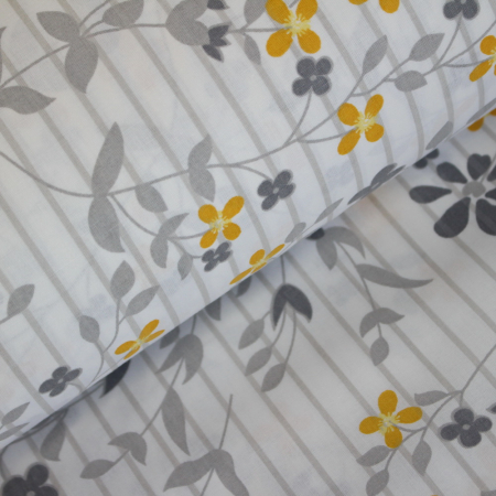 Materiale textile - Ranforce alb cu frunze si flori mici galbene si gri