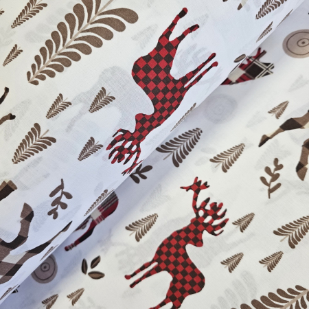 Metraje Sărbători/Iarnă - Material textil ranforce, bumbac 100%, Alb cu reni