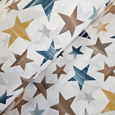Materiale textile - Ranforce alb cu stele turcoaz si maron