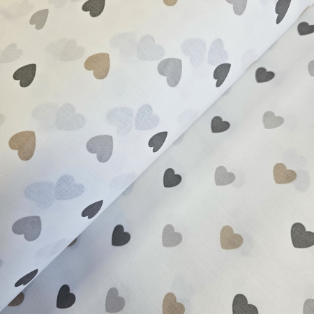 Bumbac ranforce copii - Ranforce alb cu inimioare gri si crem