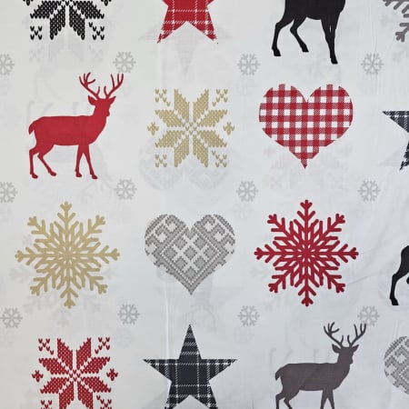 Material textil ranforce, bumbac 100%, Alb cu reni si fulgi de nea [1]