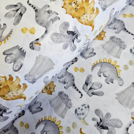 Materiale textile - Ranforce alb cu dinozauri galbeni si gri