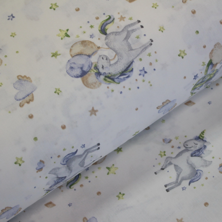 Materiale textile - Ranforce alb cu unicorni bleu