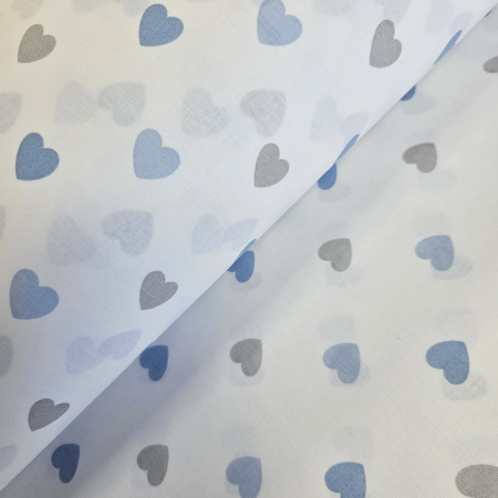 Materiale textile - Ranforce alb cu inimioare bleu si gri