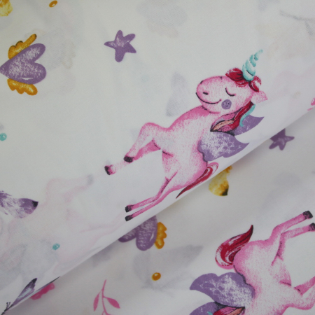 Bumbac ranforce copii - Ranforce alb cu fluturasi, unicorni si curcubeu