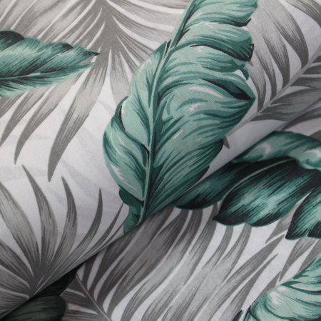 Materiale textile - Ranforce alb cu frunze verzi/gri