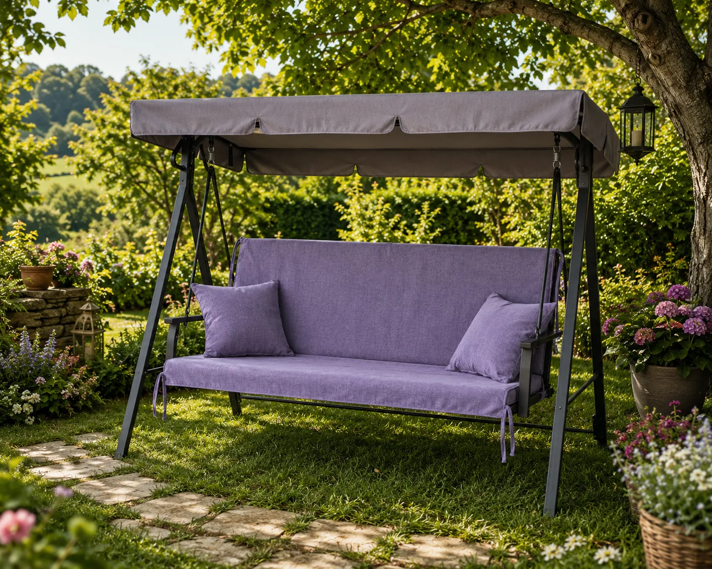 Terasă și grădină - Saltea balansoar premium doua segmente (mov) - Echipare:: Cu doua perne