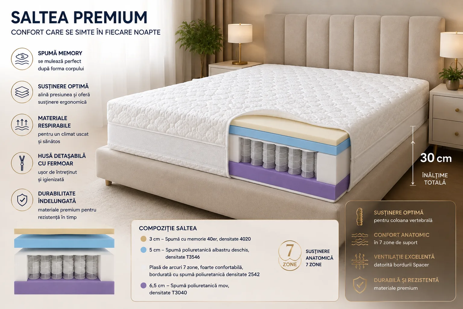 Saltea LUXURY 7 ZONE MEMORY - 30cm (RLX 19) - Marime: 180cm x 200cm [1]