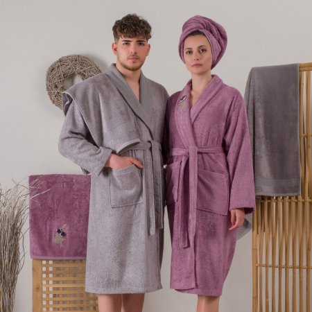 Halate de baie - Set 4 prosoape si 2 halate de baie, Cotton Box, 3D - Damson, Grey