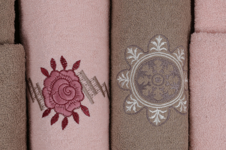 Set 4 prosoape si 2 halate de baie, Cotton Box, Nakıslı Aile - Powder, Beige V1 [5]