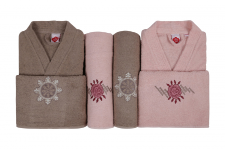 Set 4 prosoape si 2 halate de baie, Cotton Box, Nakıslı Aile - Powder, Beige V1 [1]