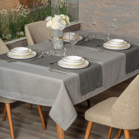 Fețe de masă - Fata de masa si runner, Cotton Box, Jasmine Grey 155x220 cm