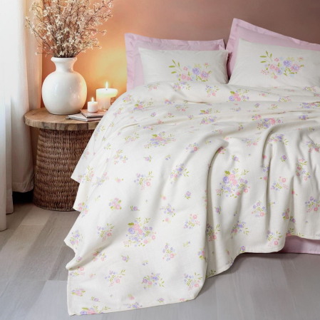 Seturi pique - Set pique lenjerie și cuvertură, 4 piese, bumbac 100%, Cotton Box, Petal - Pink