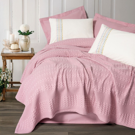Seturi pique - Set pique lenjerie și cuvertură, 4 piese, bumbac 100%, Cotton Box,  Pebble - Pink