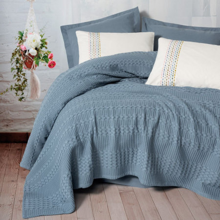 Seturi pique - Set pique lenjerie și cuvertură, 4 piese, bumbac 100%, Cotton Box, Pebble - Indigo