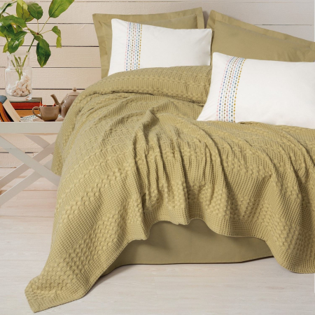 Seturi pique - Set pique lenjerie și cuvertură, 4 piese, bumbac 100%, Cotton Box, Pebble - Mustard