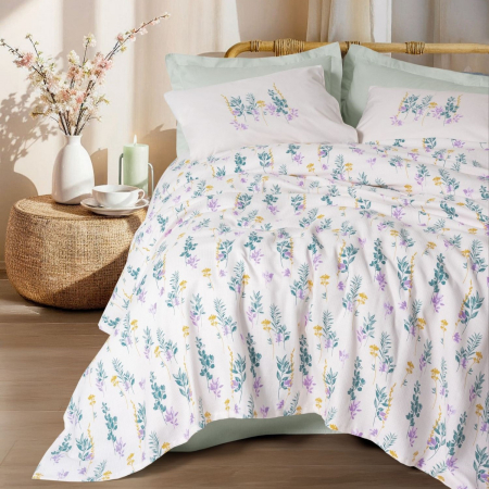 Seturi pique - Set pique lenjerie și cuvertură, 4 piese, bumbac 100%, Cotton Box, Twig - Mint