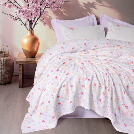Seturi pique - Set pique lenjerie și cuvertură, 4 piese, bumbac 100%, Cotton Box, Winsome - Lilac
