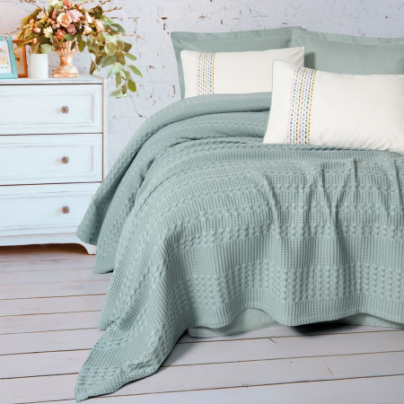 Seturi pique - Set pique lenjerie și cuvertură, 4 piese, bumbac 100%, Cotton Box, Pebble - Mint