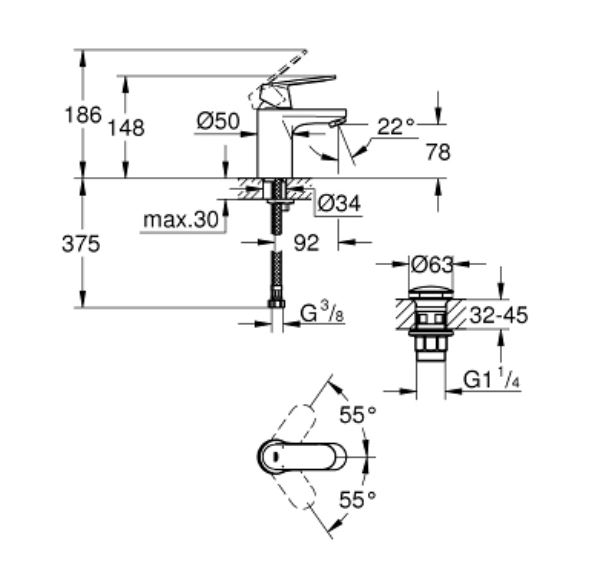 Baterie lavoar monocomanda cu ventil Grohe Eurosmart Cosmopolitan marimea S [3]