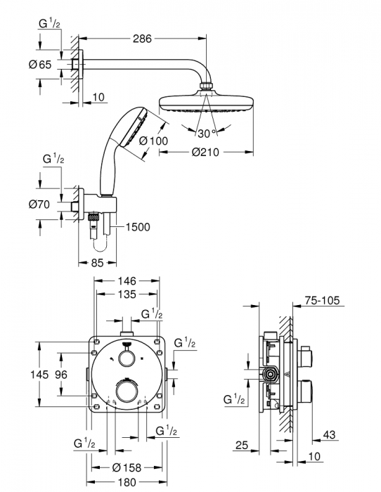 Sistem dus incastrat cu termostat Grohtherm Grohe cu cap dus Tempesta 210 [3]