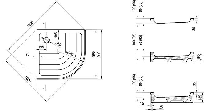 Cadita dus semirotundă din acril Ronda RAVAK 90 cm [3]