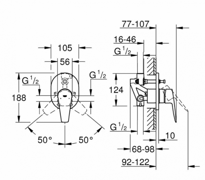 Set baterie cadă-dus incastrata monocomandă Bauedge Grohe 10,5 cm [2]