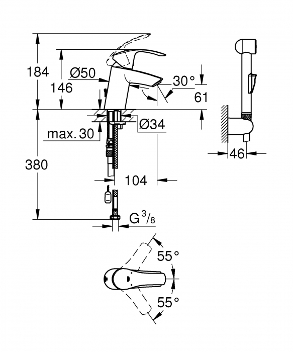 Baterie lavoar cu functie de bideu 23124002 Eurosmart S-Size Grohe [2]