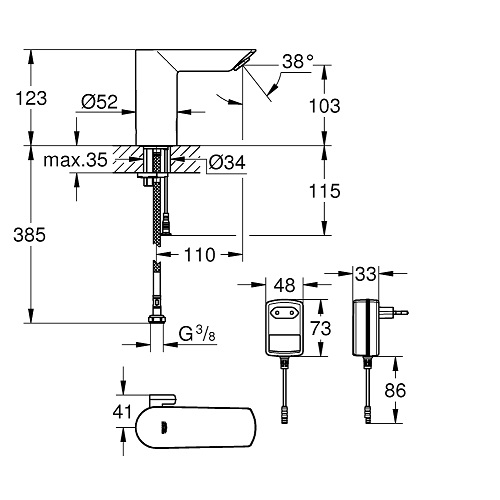 Baterie lavoar electronică Bau Cosmopolitan E Grohe cu senzor infraroșu și transformator [6]