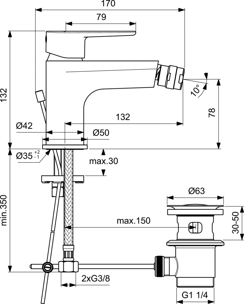 Baterie bideu Cerafine O Ideal Standard cu ventil negru mat [3]