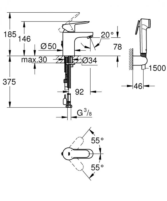 Baterie lavoar monocomanda 23757000 Grohe Bauedge Hygienica S [2]