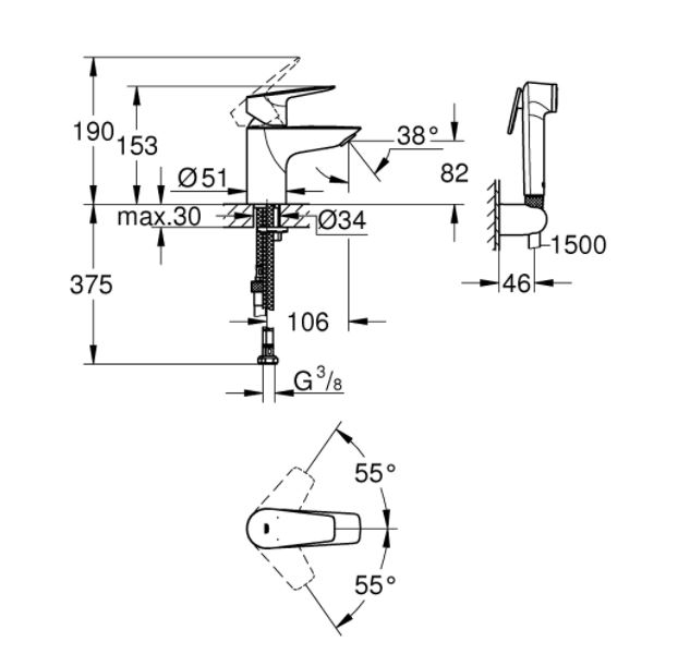 Baterie lavoar monocomandă S Bauedge Grohe cu dus igienic Hygienica [2]