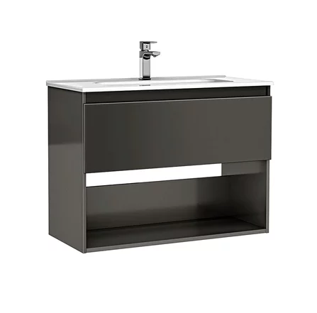 Set mobilier de baie suspendat 100 cm cu 1 sertar si 1 raft Daily antracit lucios [1]