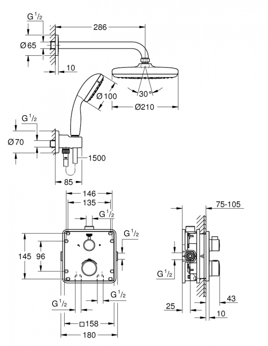 Sistem dus incastrat cu termostat Grohtherm Grohe cu cap dus Tempesta 210 patrat [3]