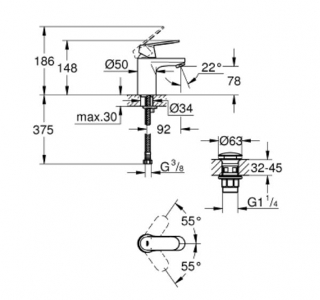 Baterie lavoar monocomanda cu ventil Grohe Eurosmart Cosmopolitan marimea S [2]