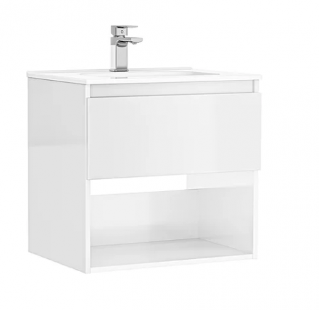 Colectia Daily - Set mobilier de baie suspendat 60 cm cu 1 sertar si 1 raft Daily alb lucios