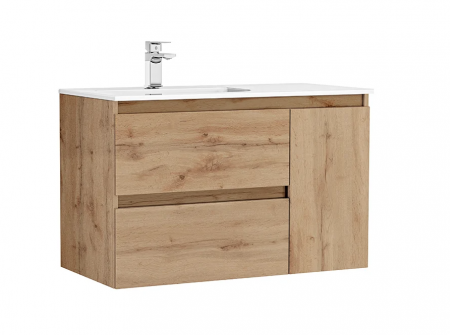 Colectia Daily - Set mobilier de baie suspendat 90 cm cu 2 sertare si 1 usa Daily stejar rustic