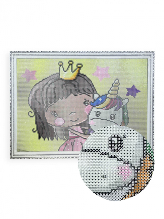 Set goblen cu diamante, cu sasiu, Printesa cu puiul de unicorn, 30x40 cm [2]