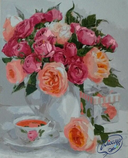 Set pictura pe numere, cu sasiu, Buchet de trandafiri pe masa, 40x50 cm [2]