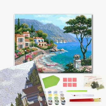 Set pictura pe numere si goblen cu diamante, cu sasiu, Peisaj de vacanta, 40x50 cm [2]