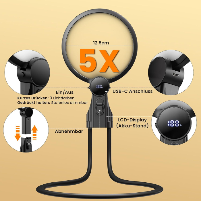 Lupa LED x5, cu 3 modalitati de utilizare, 3 intensitati de lumina, reincarcabila [7]