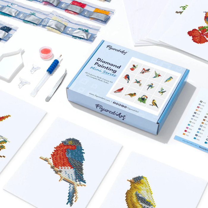 Mini set 12 goblenuri cu diamante, fara sasiu, Pasari, 18x15 cm [3]