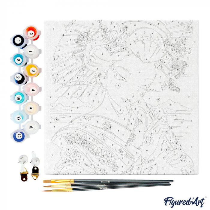 Mini set pictura pe numere, cu sasiu, Gheisa in rosu si negru, 20x20 cm [3]