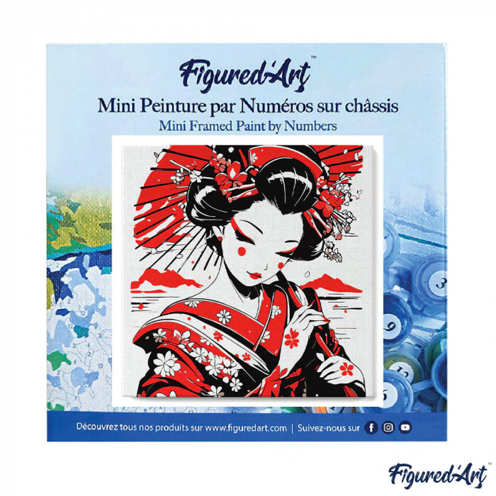 Mini set pictura pe numere, cu sasiu, Gheisa in rosu si negru, 20x20 cm [10]